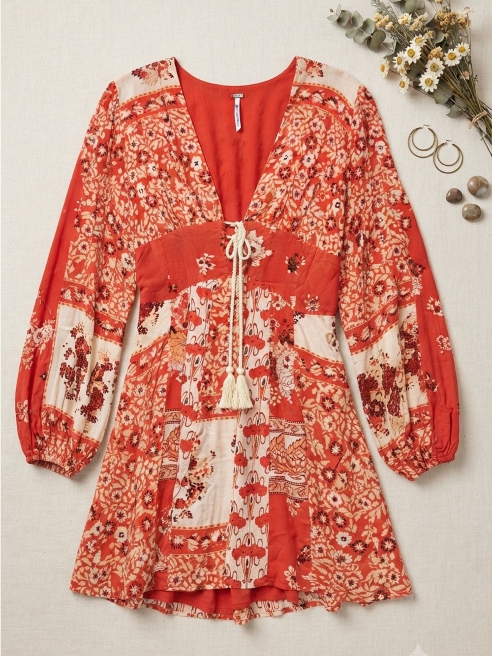 Free People Bright Coral Red Dress with Decorative Tag